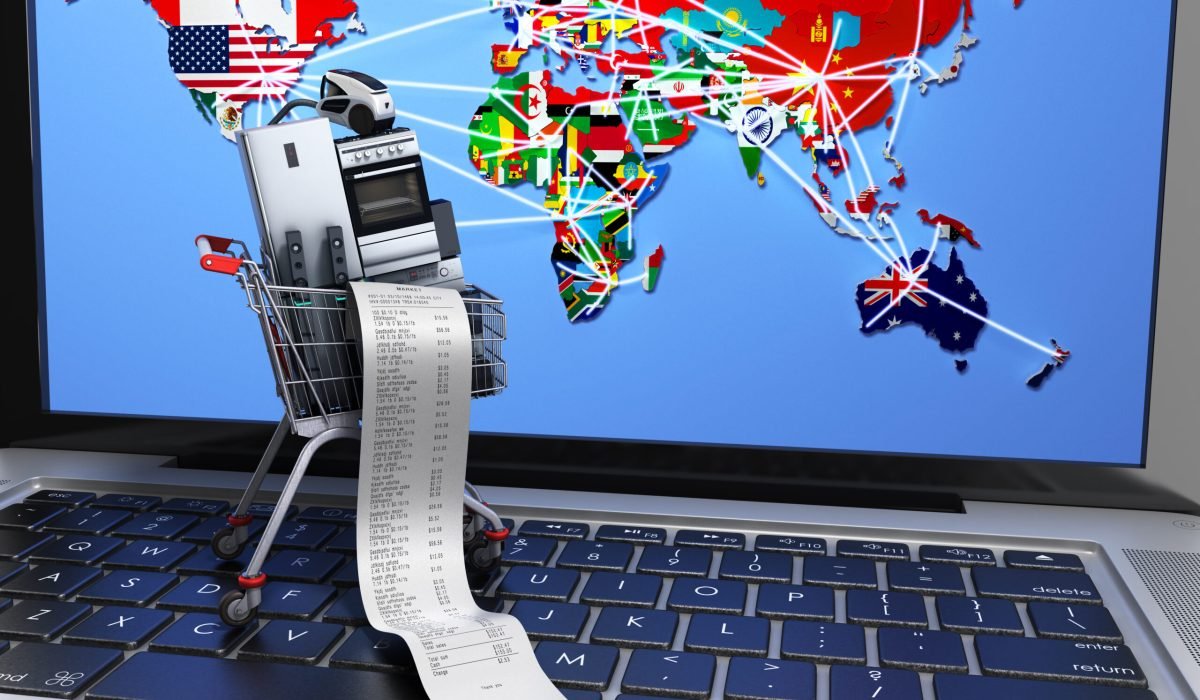 E-commerce or online shopping concept Home appliance in shopping cart on the laptop keyboard 3d illustration