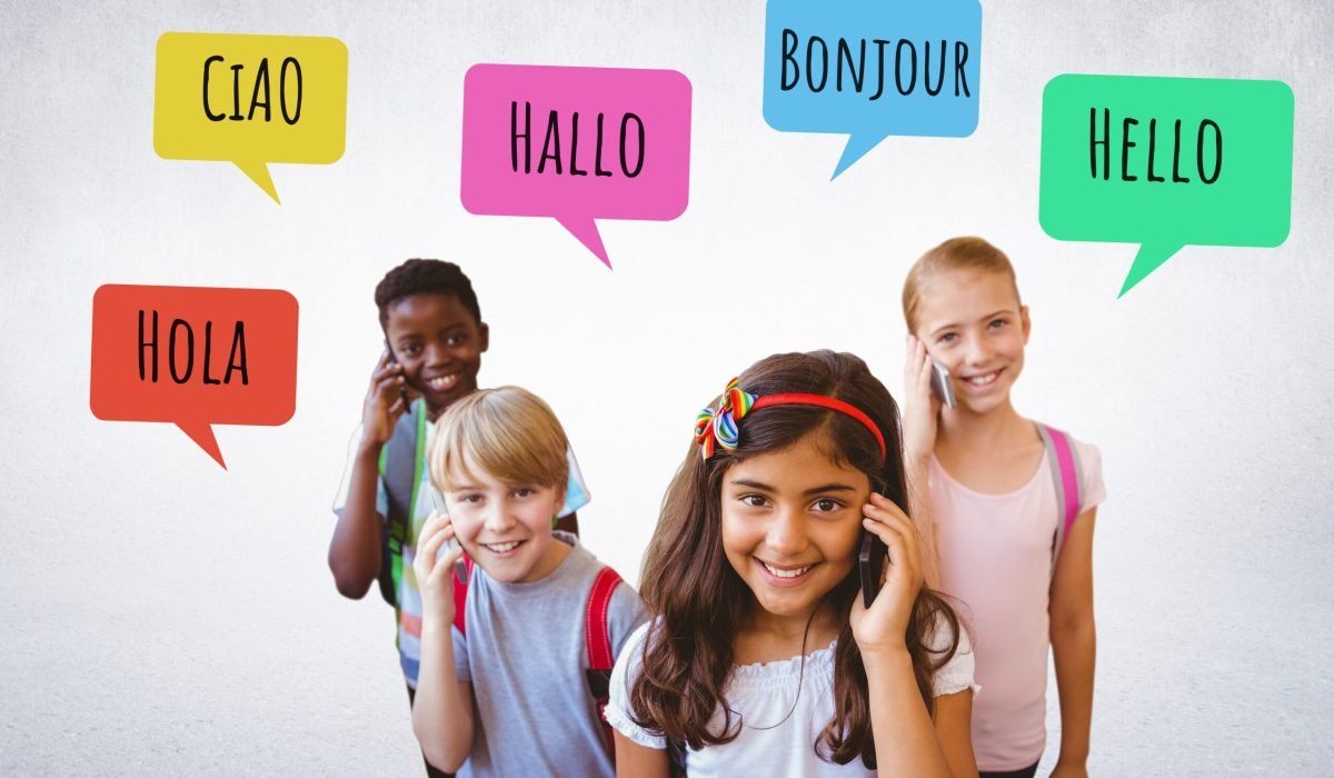 Digital composite of Hello in different languages chat bubbles learning with kids