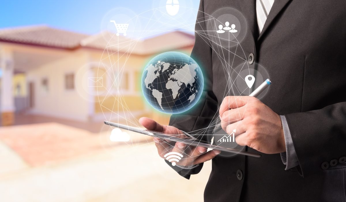 Double exposure of success businessman using digital tablet with Multi channel banking payment communication ads network digital technology via internet wireless application development mobile smartphone app.